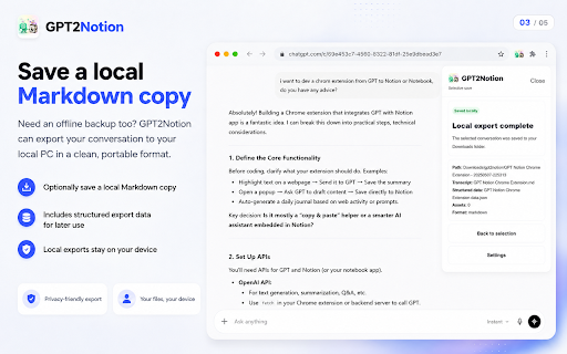 Save ChatGPT to Notion – GPT2Notion :: Save ChatGPT chats to Notion with images, files, code, math, tables and citations. Save full chats or selected messages as Markdown.