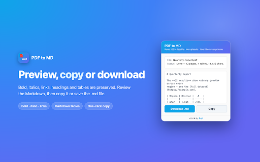 PDF to MD :: Convert any PDF tab to Markdown — 100% local, no uploads, no servers. Your files never leave your browser.