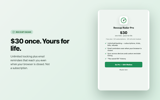Recoup Radar :: Catch return windows, trial ends, and renewal deadlines before they cost you money.