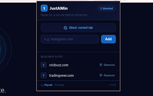 JustAMin - Mindful Browsing :: Pause one minute before opening distracting sites. Block any site, build focus habits, and stay in control of your time.