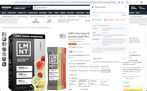 Marketing Claims Analyzer :: Analyze marketing claims on any product page. Get AI-powered verdicts: Supported, Misleading, or Unverified.