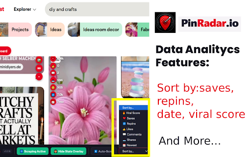 PinRadar.io — Viral Pins & Hidden Pinterest Analytics :: Reveal hidden Pinterest stats, viral scores, sort by engagement, export CSV, download HD media — all 100% local.