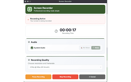 Screen Recorder 4K - With Mic & System Audio :: Record screen, tab, or window in up to 4K with mic and system audio. No watermark, no login. Save recordings instantly in WebM.