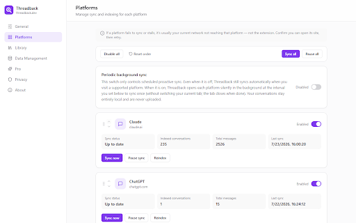 Threadback – Search Your AI Chat History :: Search, organize & export your AI chat history (ChatGPT, Claude & more). Local-first, zero upload. threadback.dev