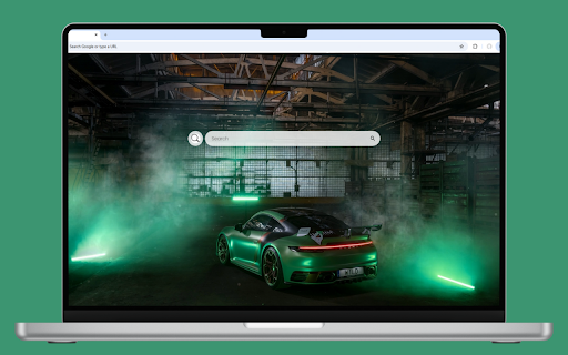 Porsche 911 GT3 Live Wallpaper :: Green Porsche 911 GT3 in a desolate area with glowing green lights and drifting smoke.