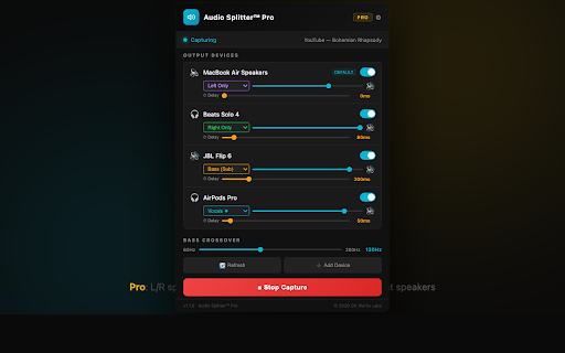 Audio Splitter Lite :: Route tab audio to multiple Bluetooth speakers at once. Free: 2 devices. Pro: 5 devices, L/R split, bass & vocals.