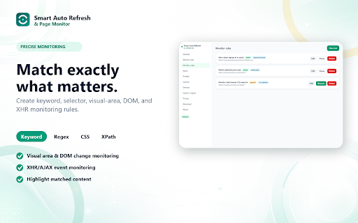 Smart Auto Refresh & Page Monitor :: Auto-refresh tabs and monitor prices, stock, jobs, tickets, or any page change. Get browser, email, and webhook alerts.