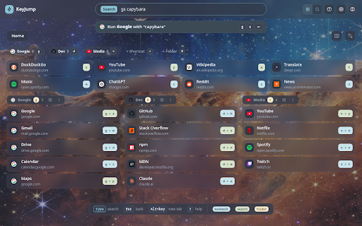 KeyJump: Keyboard-First New Tab :: Keyboard-first new tab: one key opens your pages, folders and searches. Themes, wallpapers, safe sync, and an on-page overlay.