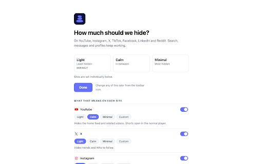ScreenZen: Minimal Social Media :: Hides the feed, Shorts, Reels and other recommendations on seven social sites. Search, messages and profiles keep working.