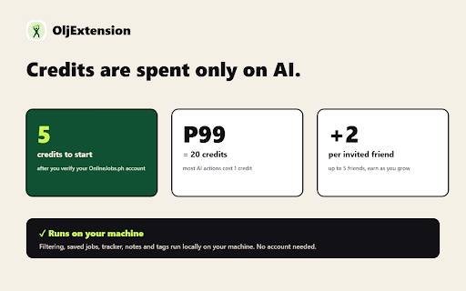 OljExtension :: OnlineJobs.ph job-seeker tools: rate filtering, scam/red-flag checks & an application tracker, plus optional AI insights & drafting.