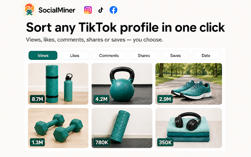 SocialMiner - Sort Feed Sorter & Downloader for Instagram, TikTok, Facebook :: Sort Instagram, TikTok & Facebook Reels/Posts by views, likes, comments, date or viral score. Bulk download videos, export CSV/JSON.