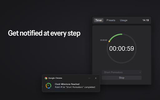 TickTockFocus - Multi-Step Timer & Routines :: Multi-step focus timer: Pomodoro, 52/17 or your own routine. A notification at every step. No site access, no account required.
