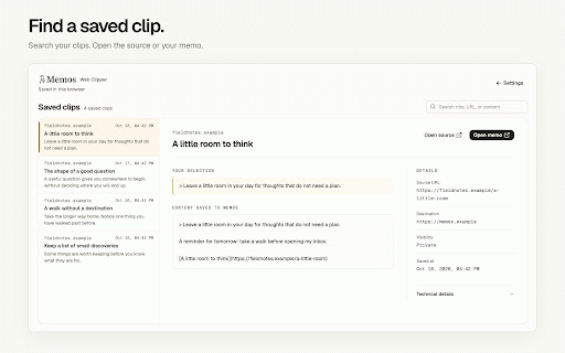 Memos Web Clipper :: Save pages, selections, and images to your memos from Chrome or Firefox, as Markdown with a link to the source.
