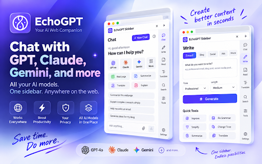 EchoGPT - Multi-AI Chat Sidebar :: Chat with multiple AI models in one secure browser sidebar. Summarize webpages and explain text instantly.