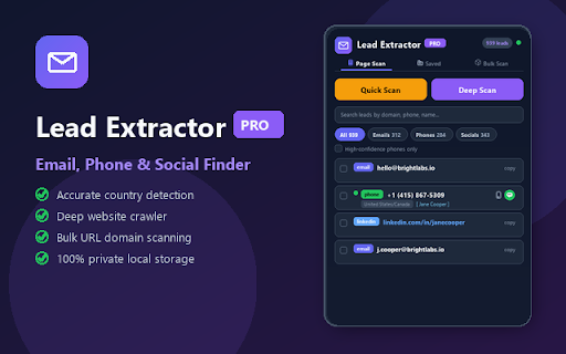 Email, Phone & Social Lead Extractor – Free Bulk Web Crawler :: Accurately extract emails, phone numbers (with country & name) & social profiles. Bulk scan, deep crawl, CSV/vCard export. Private.