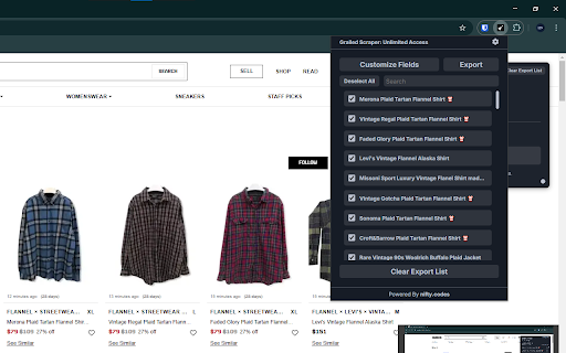 Grailed Scraper: Export Listings, Reviews, Sellers & more :: Scrape Listings, Details, Sellers, and more from Grailed, with options to export in formats such as CSV, Excel, JSON, and others.