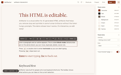 Artifactor: Visual HTML Editor :: Visual editor for AI-generated HTML artifacts. Edit text and styling, add or remove elements, present fullscreen and print to PDF.