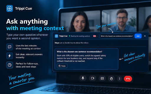 Trippi Cue — AI Interview Copilot in any language :: AI Interview Copilot and Interview Assistant for Google Meet, Zoom, Teams: suggests answers, translates the call into any language.