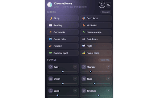 Chromebience — Ambient Focus :: A premium ambient sound mixer for focus, sleep, study, meditation and deep work. Plays in the background across tabs.