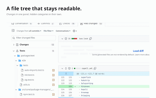 Geld :: Hide test files from GitHub diffs. Review what matters; the tests wait in a tidy section at the bottom.
