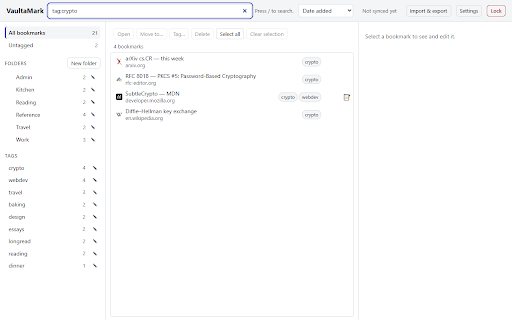 VaultaMark :: Bookmarks Chrome doesn't know about. No omnibox autocomplete, opens in incognito, encrypted, optional sync via your Google Drive.