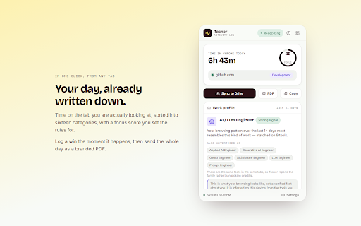 Tasker - Activity Tracker & Google Drive Recap :: Local-first activity tracker with branded PDF reports and optional sync to your own Google Drive.