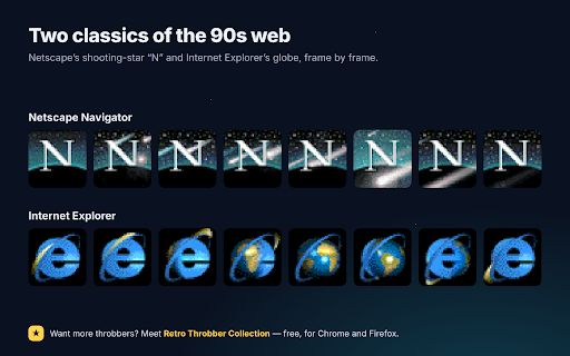 Classic Netscape Throbber :: Bring back the Netscape Navigator or Internet Explorer loading animation in Chrome. Switch with one click.