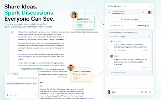 DomWhisper: Start a Discussion on Any Webpage :: A comment layer for the web. Highlight text or mark any spot to start a discussion on any webpage. Private or shared.