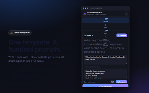 Gemini Prompt Auto — Bulk Prompt Queue, Batch AI Automation & Chat Export :: Bulk prompt queue for Gemini. Auto-send prompts one by one and auto-export every AI chat response to MD, JSON, CSV or HTML.