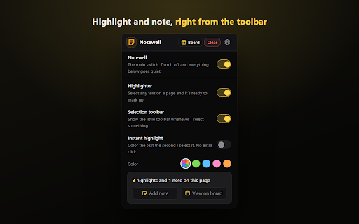 Notewell - Highlight & Sticky Notes :: Highlight text and pin sticky notes on any web page. Everything saves to a private, local board you can search and export.