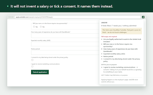 JobsDXB Form Filler :: Fills the employer's application form from your JobsDXB kit. Submits only on a run you start.