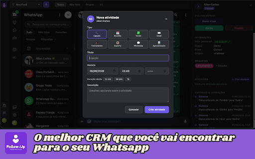 Follow-Up CRM :: Kanban de leads e funil de vendas direto no WhatsApp Web. Organize conversas, negócios e etapas sem sair da tela.