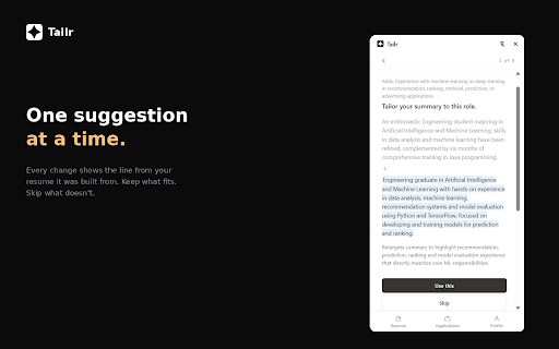 Tailr — Tailor Your Resume in Seconds :: Skip the resume rewrite. Tailr adapts your resume to every job in seconds, so you spend the time applying — not editing.