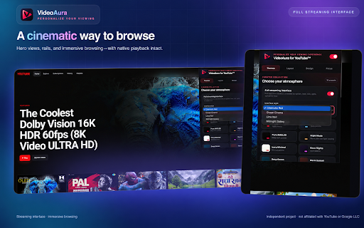 VideoAura for YouTube™ :: Personalize your YouTube viewing experience with themes, layouts, focus tools, and streaming-inspired interfaces.