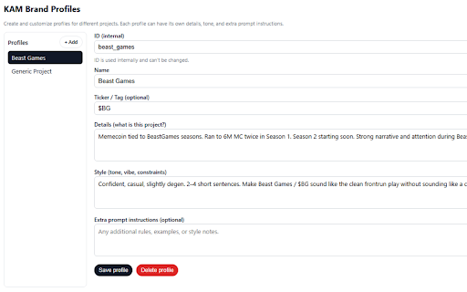 KAM Post Generator :: Generate on-brand replies and standalone posts for X using customizable profiles, license keys, and credits.