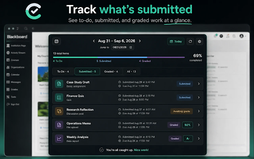 Clearview :: A calmer Blackboard dashboard for weekly work, deadlines, classes, grades, and personal planning.
