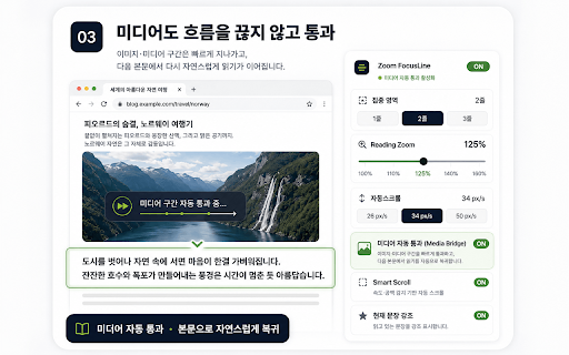 Zoom FocusLine :: Zoom FocusLine은 웹페이지에서 읽는 1~3줄에 집중하고 비파괴 글자 확대와 가독성 조절, 자동스크롤과 이어읽기를 지원하는 독서 보조 확장 프로그램입니다.