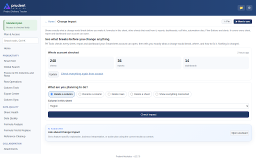 PA Smartsheet Tools :: AI-Powered Workspace for Smartsheet. Find broken formulas, fix data quality, and send any row to Power Automate.