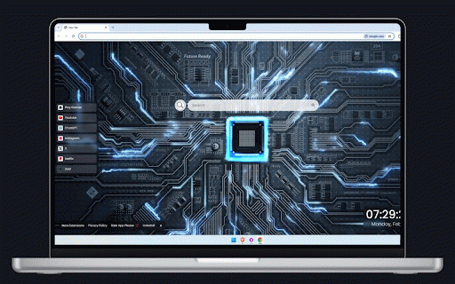 Computer CPU Live Wallpaper :: Futuristic CPU circuit board with glowing blue traces and intricate pathways, creating a dynamic tech visualization.