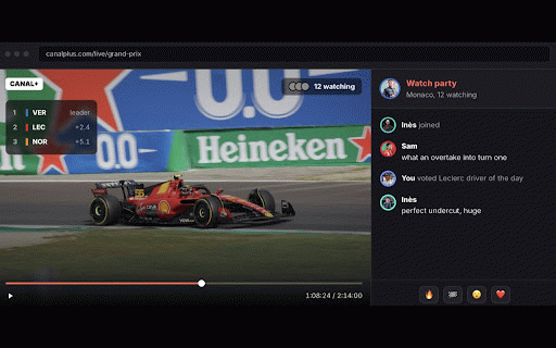 CoViewer, Grand Prix watch party :: Watch live sport together in sync. A watch party for the Grand Prix and more, with chat, reactions, ratings and driver of the day.