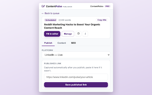 ContentPulse: AI SEO Content Writer & Publisher :: Fetch SEO-ready content from ContentPulse and auto-fill it into your publishing editor to review and publish in one click.