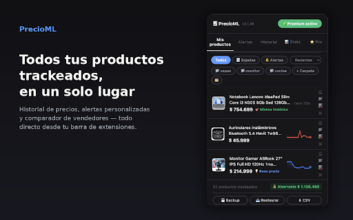 PrecioML - Historial y Alertas :: Historial de precios, alertas, carpetas y comparador de vendedores para MercadoLibre. ¡Nunca pagues de más!