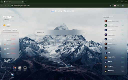BalanceTab — Gamer + Office :: New tab page with clock, weather, search, games, AI links & recent tabs.
