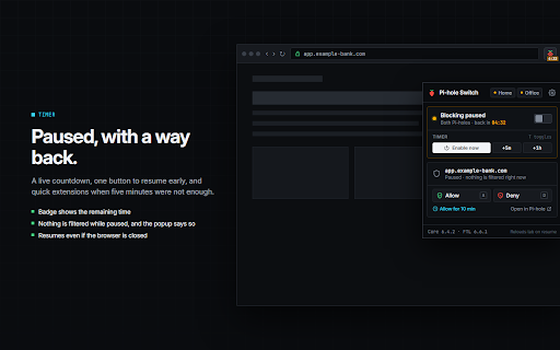 PiHole Browser Extension :: Control your Pi-hole from the toolbar. Pause blocking, allow or deny the current site, across all your Pi-holes.