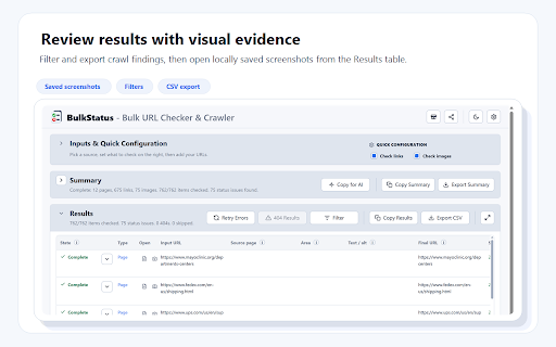 BulkStatus - Bulk URL Checker & Crawler :: Crawl and bulk-check URLs for status codes, broken links, redirects, images, and SEO metadata from a sitemap, llms.txt, or list.