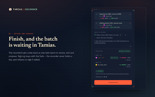 Tamias Recorder :: Record what you do in a dApp as a Safe batch, instead of sending it on-chain.