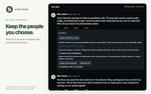 STOP SLOP :: Automatically check posts and articles for AI signals. Choose Review, Mark, Collapse or Hide. Cloud checks use cached text reviews.