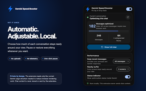 Gemini Speed Booster – Fix Lag in Long Chats :: Speed up slow, laggy Gemini conversations. Reduce typing and scrolling lag in long chats while keeping every message intact.