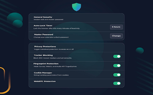 Sam Soft Privacy Shield :: Complete privacy suite: Browser lock, tracker blocking, fingerprint protection, password vault & WebRTC leak prevention.