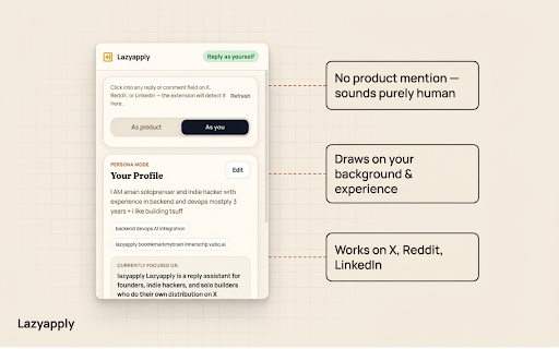 Lazyapply :: Generate product-aware replies on X, Reddit, and LinkedIn. Mention your product naturally — or reply as yourself.